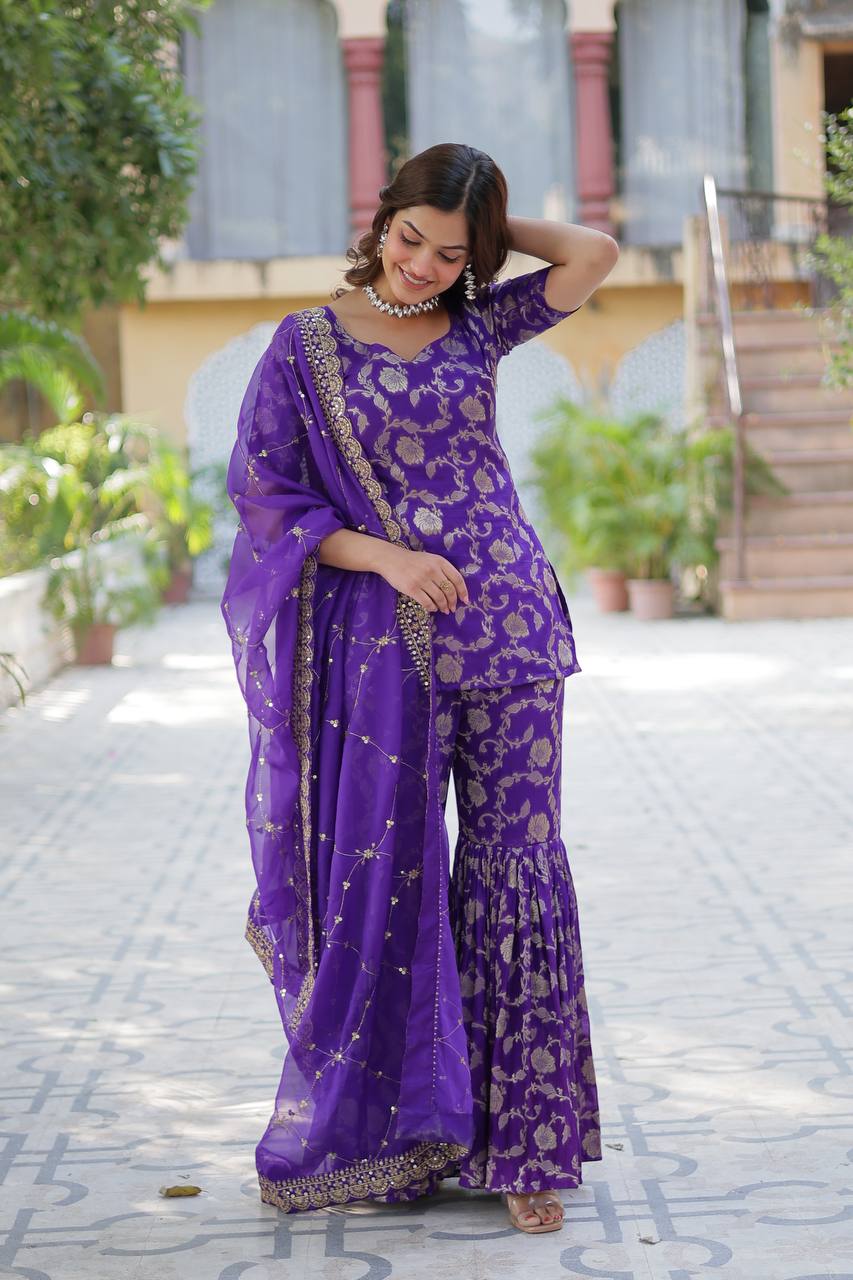 Wedding Wear Purple Color Viscose Georgette Jacquard Designer Sharara Suit