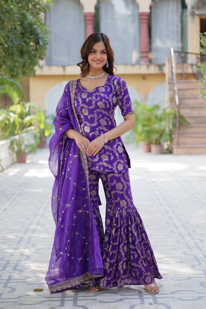 Wedding Wear Purple Color Viscose Georgette Jacquard Designer Sharara Suit