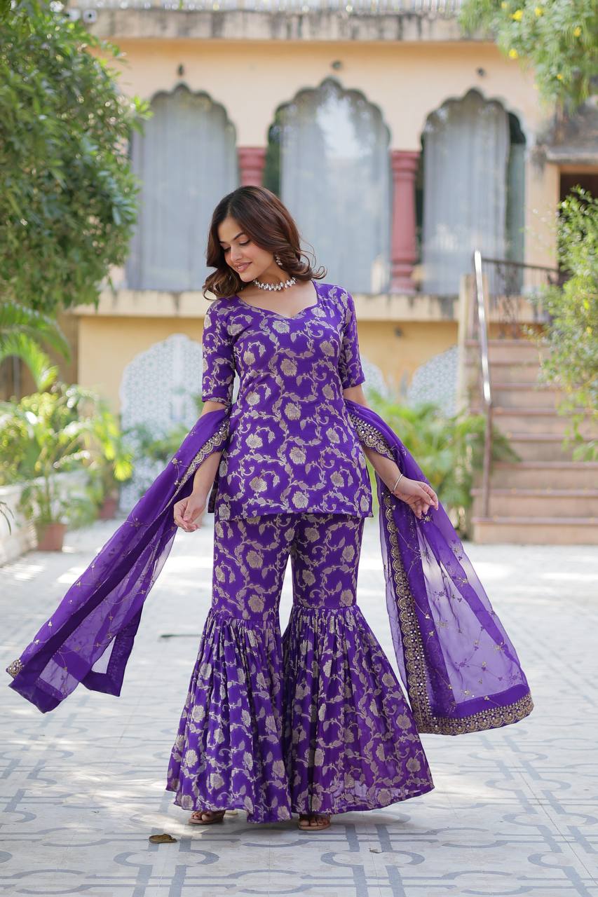 Wedding Wear Purple Color Viscose Georgette Jacquard Designer Sharara Suit