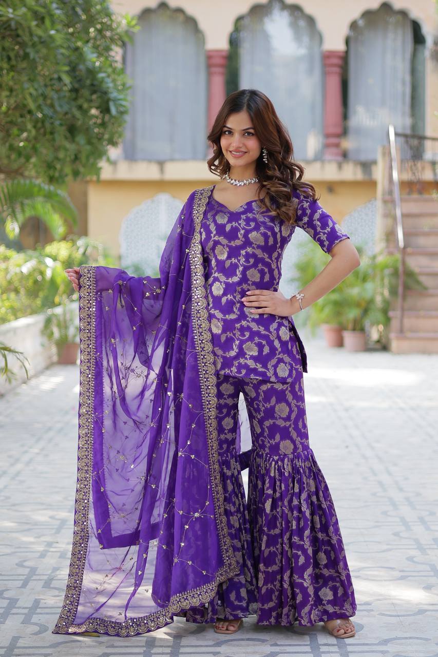 Wedding Wear Purple Color Viscose Georgette Jacquard Designer Sharara Suit