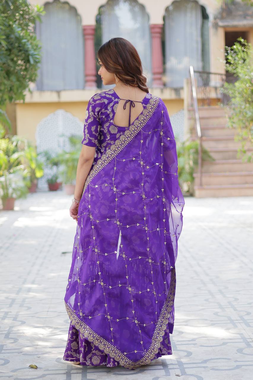 Wedding Wear Purple Color Viscose Georgette Jacquard Designer Sharara Suit