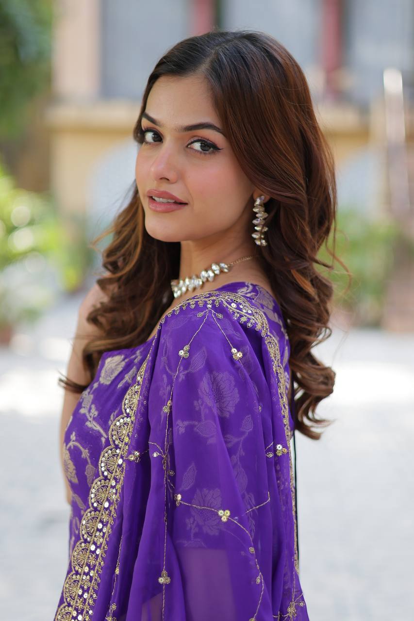 Wedding Wear Purple Color Viscose Georgette Jacquard Designer Sharara Suit