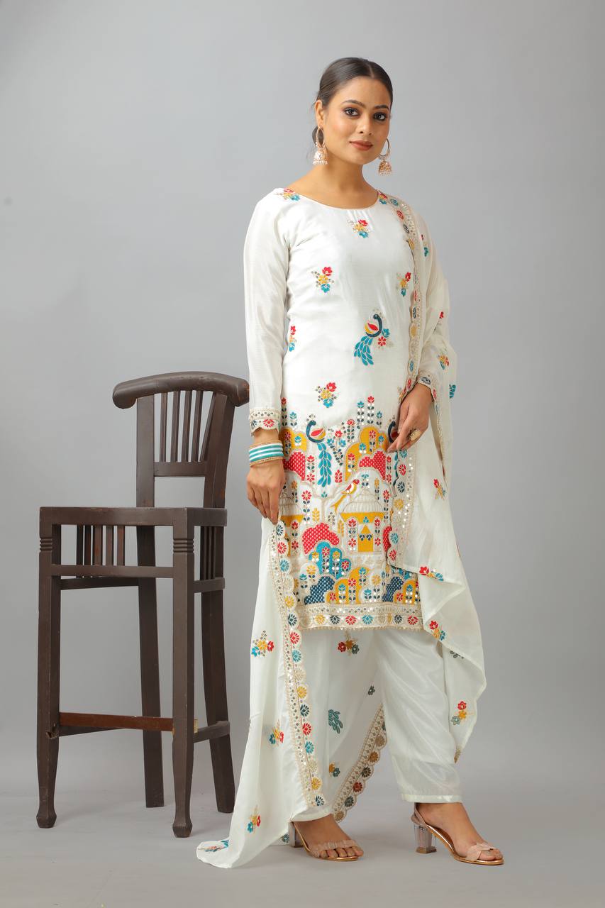Graceful White Color Heavy Chinon Silk With Heavy Embroidery Coding Sequence Work Salwar Suit