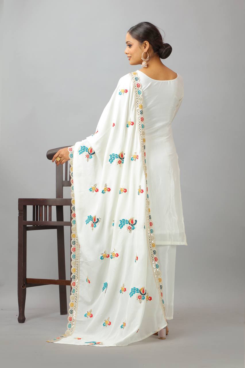 Graceful White Color Heavy Chinon Silk With Heavy Embroidery Coding Sequence Work Salwar Suit