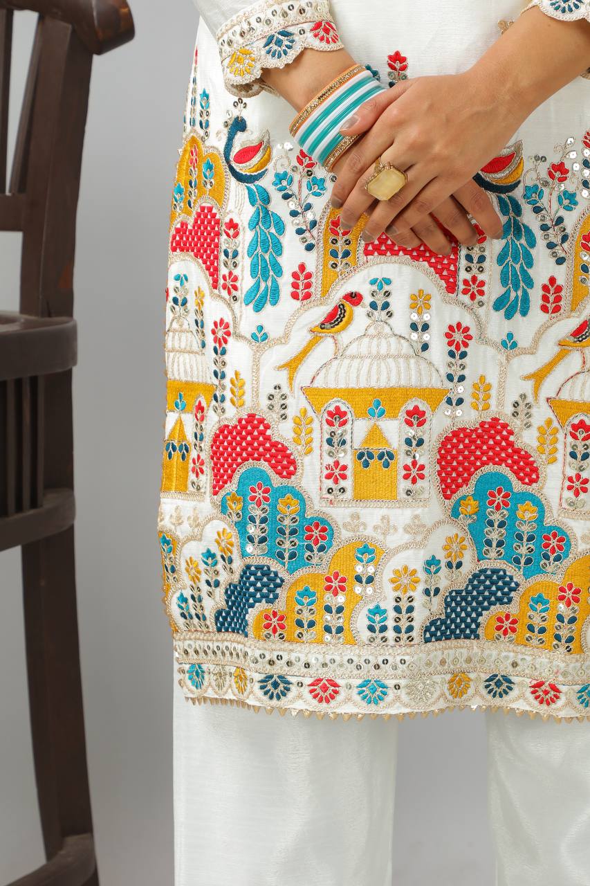 Graceful White Color Heavy Chinon Silk With Heavy Embroidery Coding Sequence Work Salwar Suit