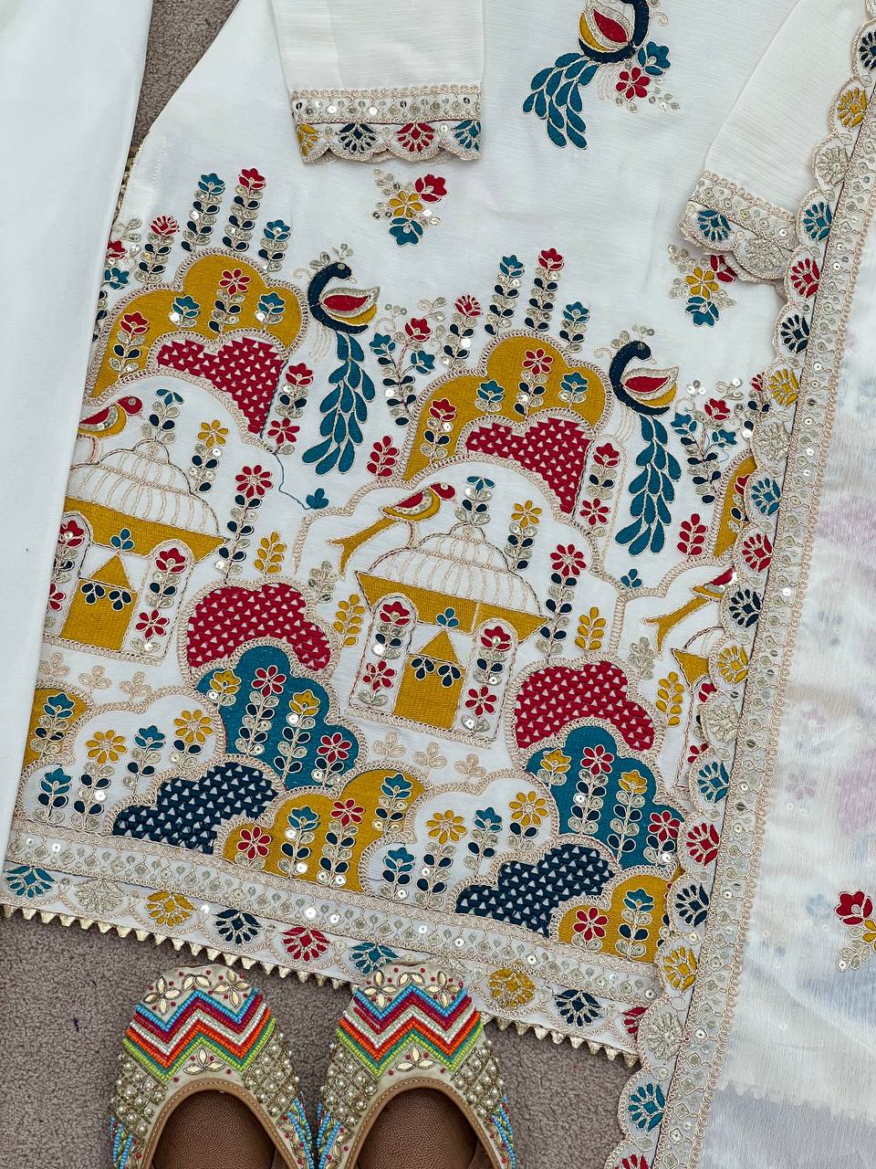 Graceful White Color Heavy Chinon Silk With Heavy Embroidery Coding Sequence Work Salwar Suit