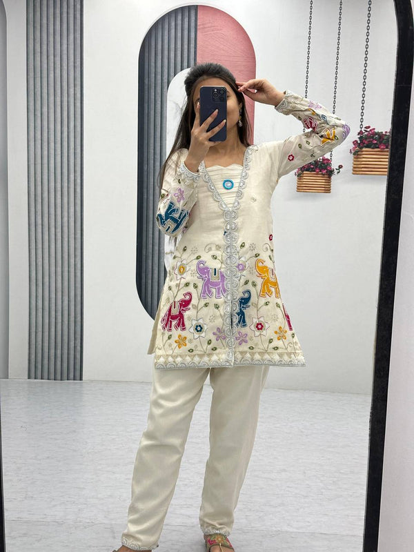Party Wear Off White Color Heavy Embroidery Thread With Sequence Work Top With Pent
