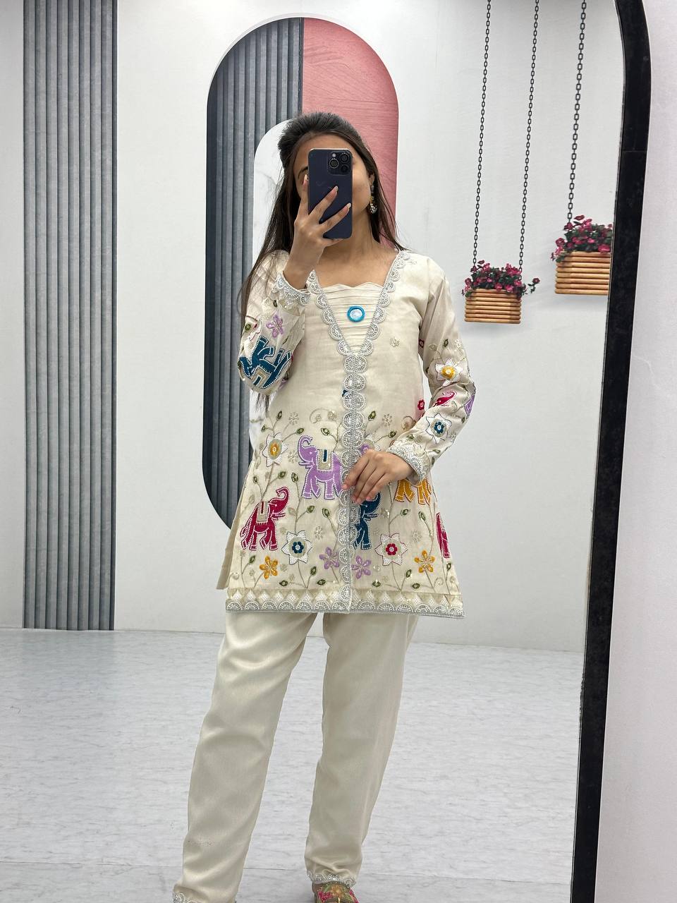 Party Wear Off White Color Heavy Embroidery Thread With Sequence Work Top With Pent