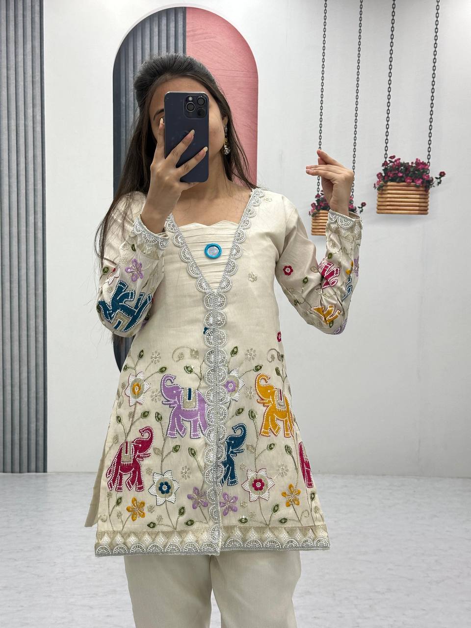 Party Wear Off White Color Heavy Embroidery Thread With Sequence Work Top With Pent