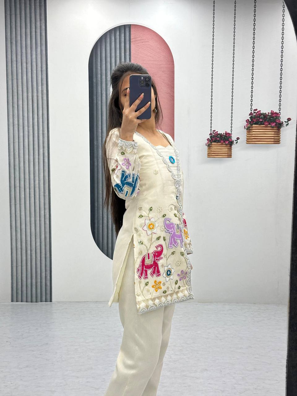Party Wear Off White Color Heavy Embroidery Thread With Sequence Work Top With Pent