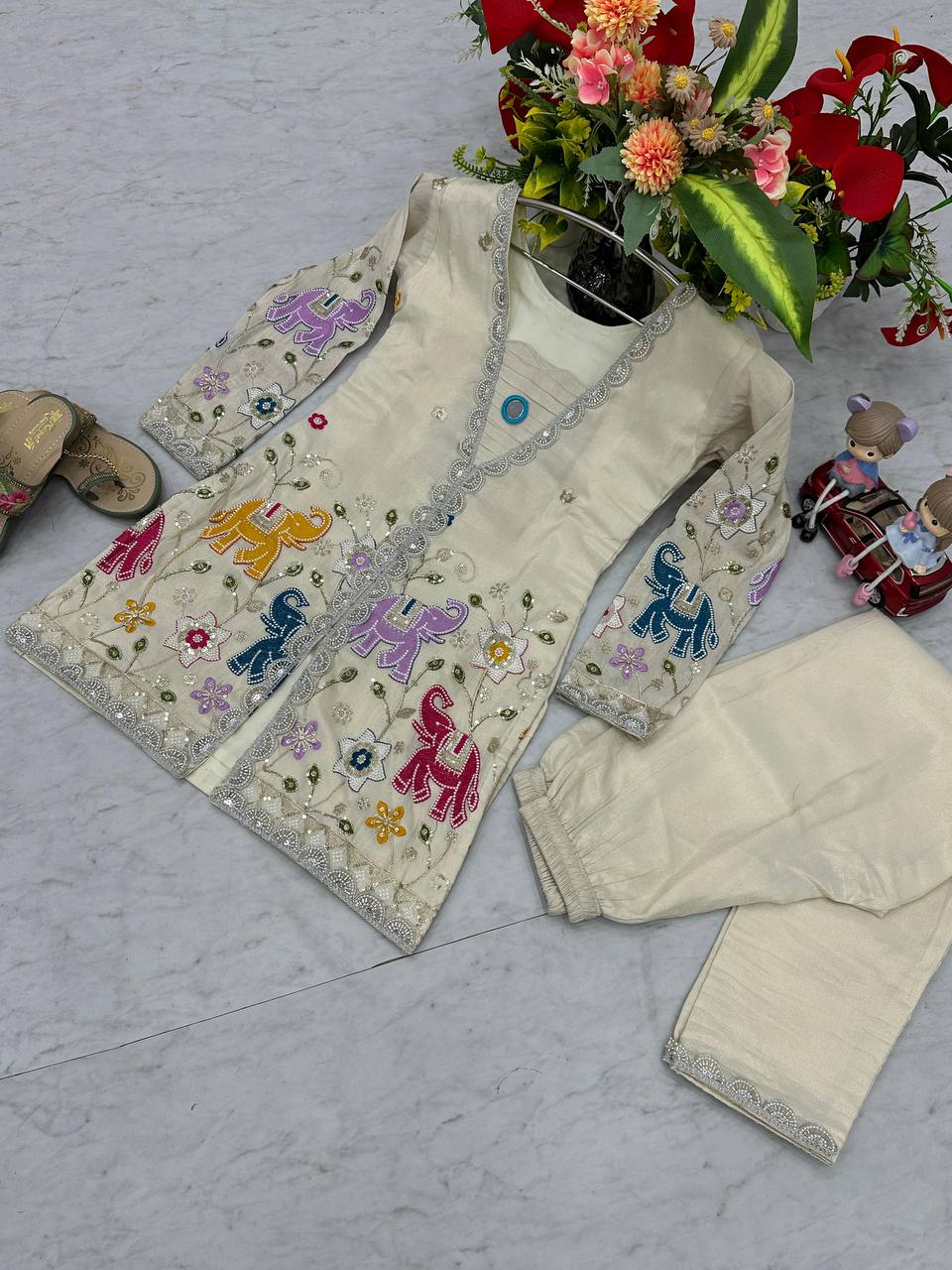 Party Wear Off White Color Heavy Embroidery Thread With Sequence Work Top With Pent