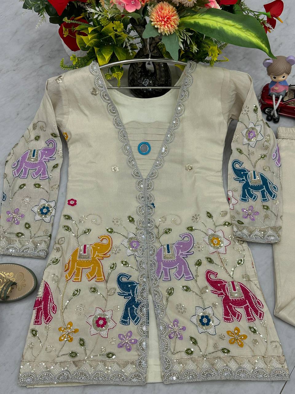 Party Wear Off White Color Heavy Embroidery Thread With Sequence Work Top With Pent