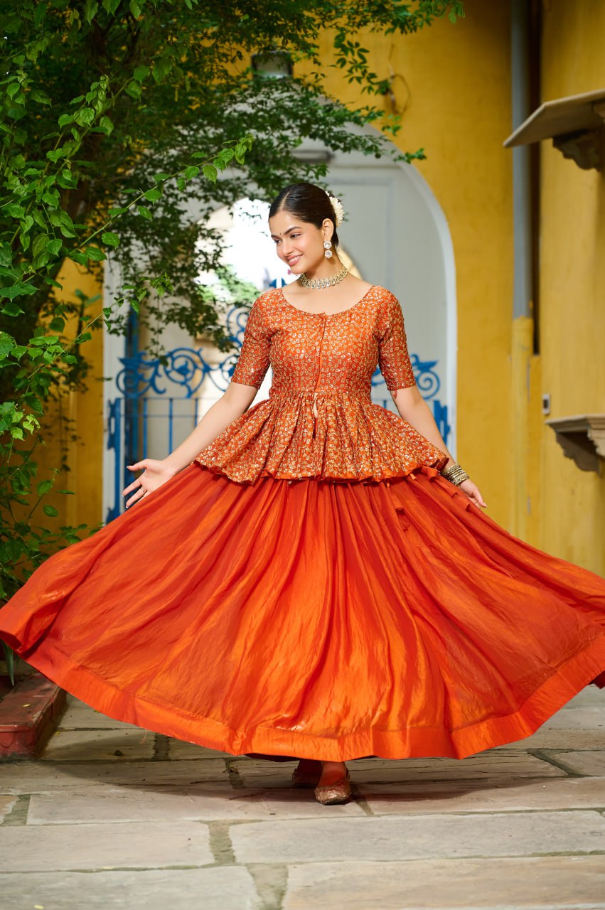 Festivals Wear Orange Color Embroidered Top With Lehenga