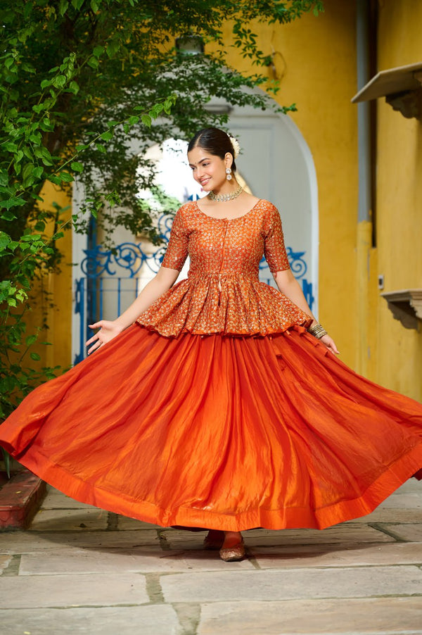 Festivals Wear Orange Color Embroidered Top With Lehenga