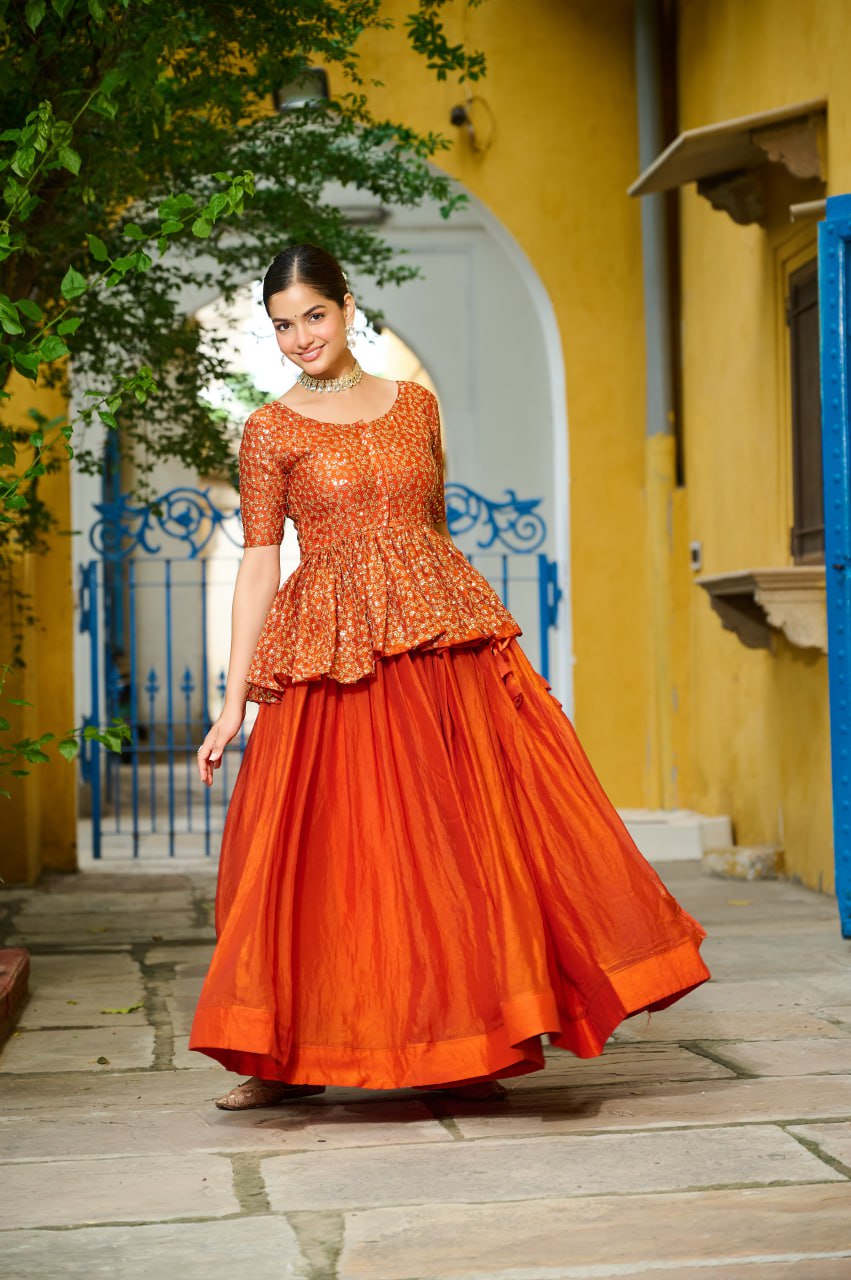 Festivals Wear Orange Color Embroidered Top With Lehenga
