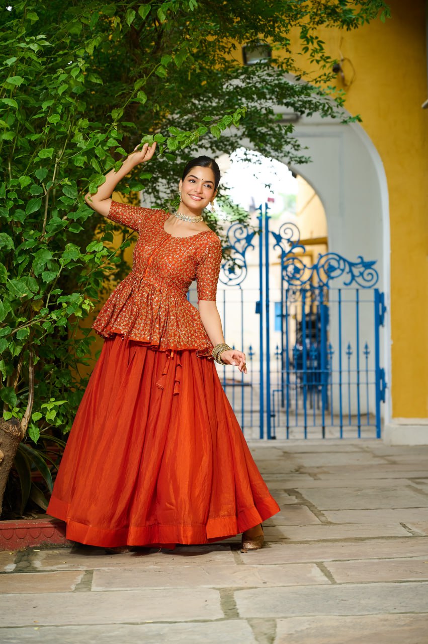 Festivals Wear Orange Color Embroidered Top With Lehenga