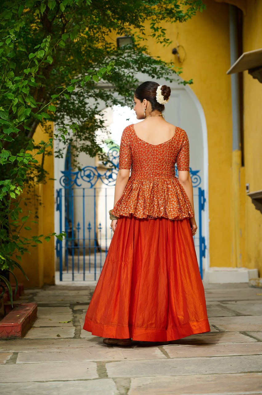 Festivals Wear Orange Color Embroidered Top With Lehenga