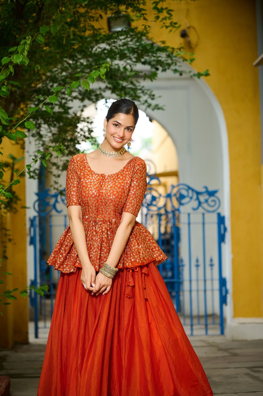 Festivals Wear Orange Color Embroidered Top With Lehenga