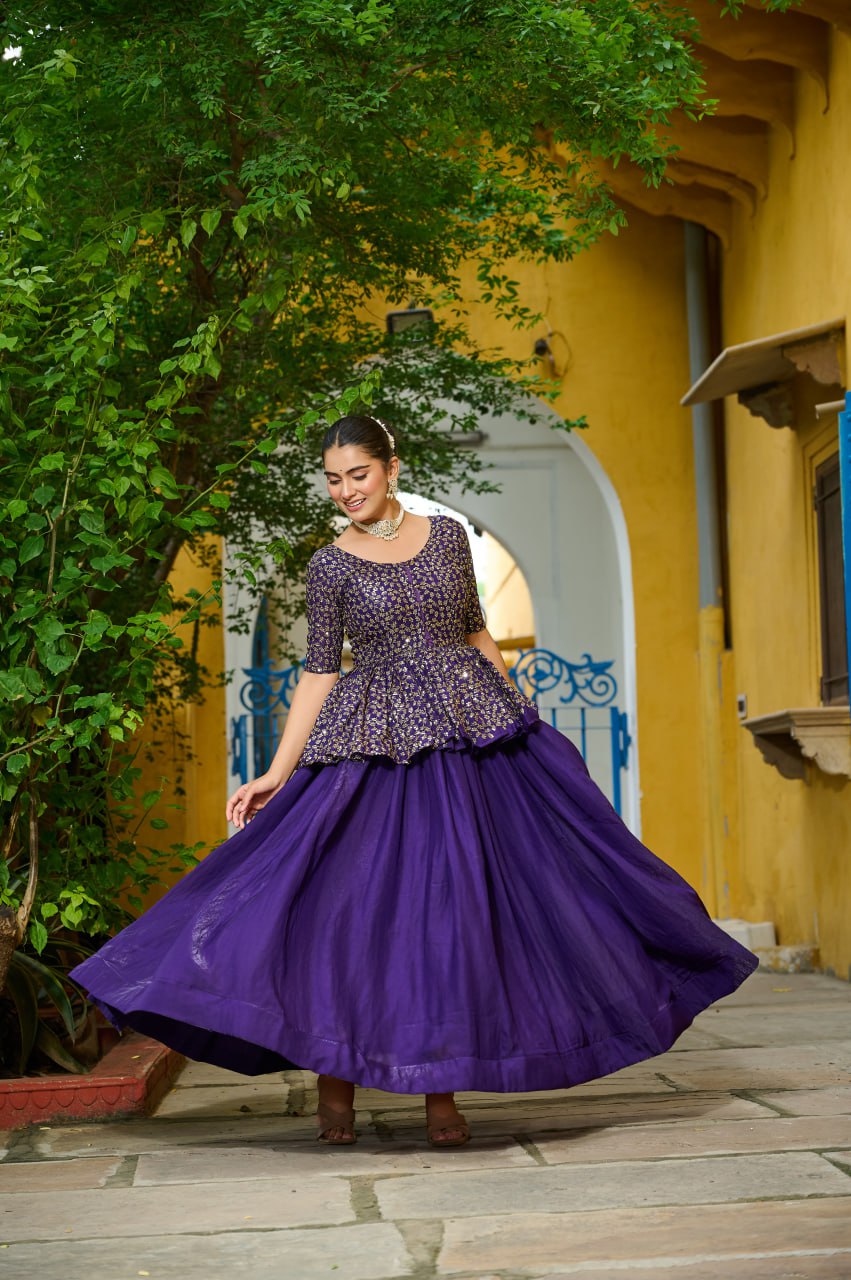 Festivals Wear Purple Color Embroidered Top With Lehenga