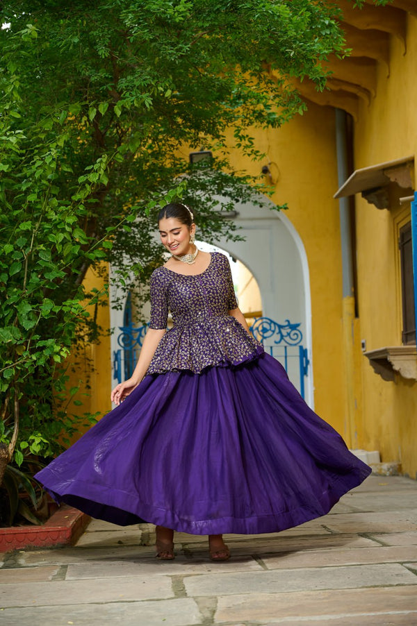 Festivals Wear Purple Color Embroidered Top With Lehenga