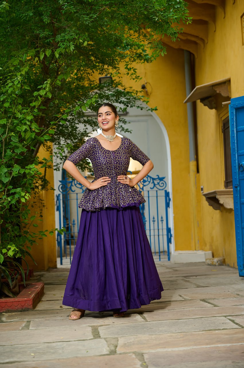 Festivals Wear Purple Color Embroidered Top With Lehenga