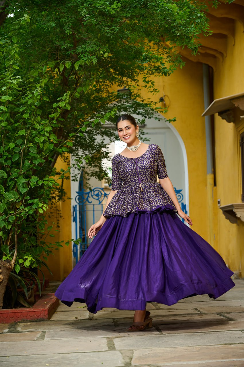 Festivals Wear Purple Color Embroidered Top With Lehenga
