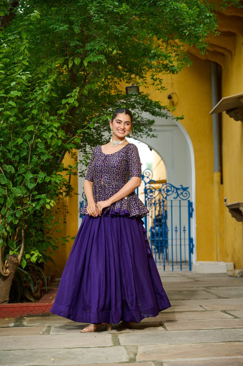 Festivals Wear Purple Color Embroidered Top With Lehenga