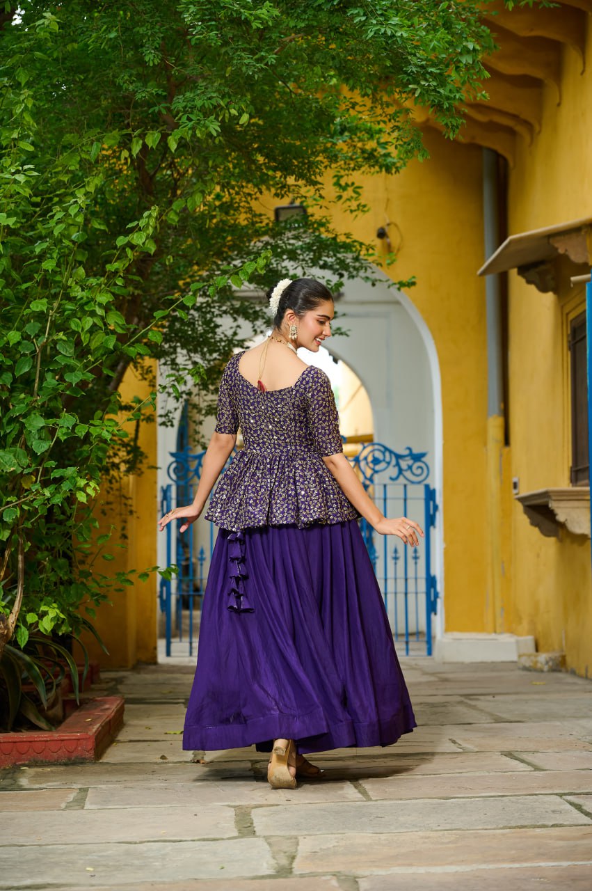 Festivals Wear Purple Color Embroidered Top With Lehenga