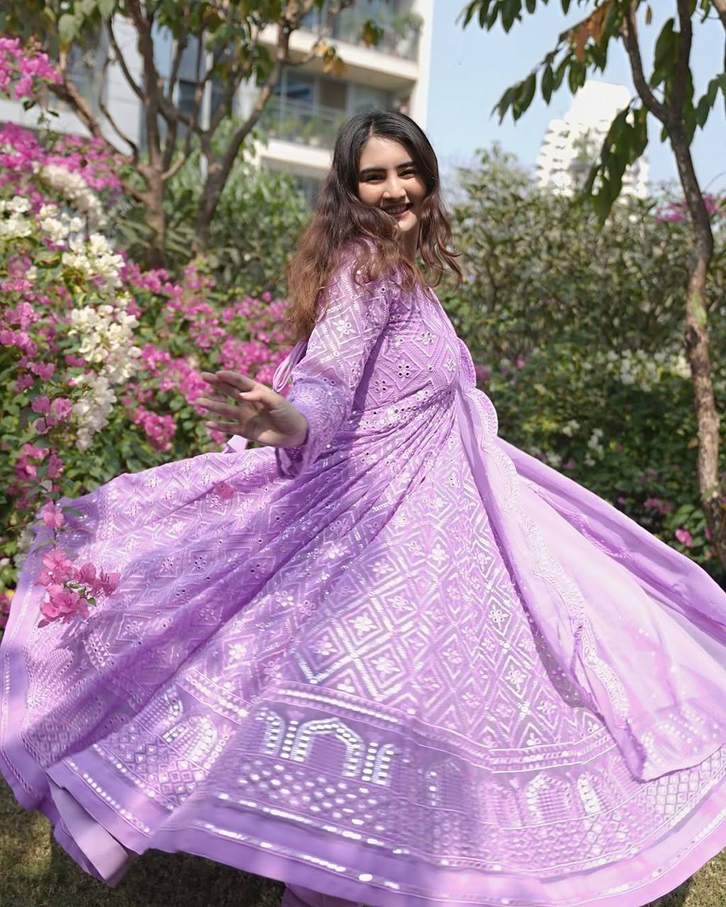Wedding Wear Lavender Color Faux Blooming With Sequins And Thread Embroidered Work Anarkali Gown