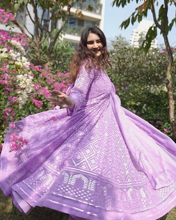 Wedding Wear Lavender Color Faux Blooming With Sequins And Thread Embroidered Work Anarkali Gown