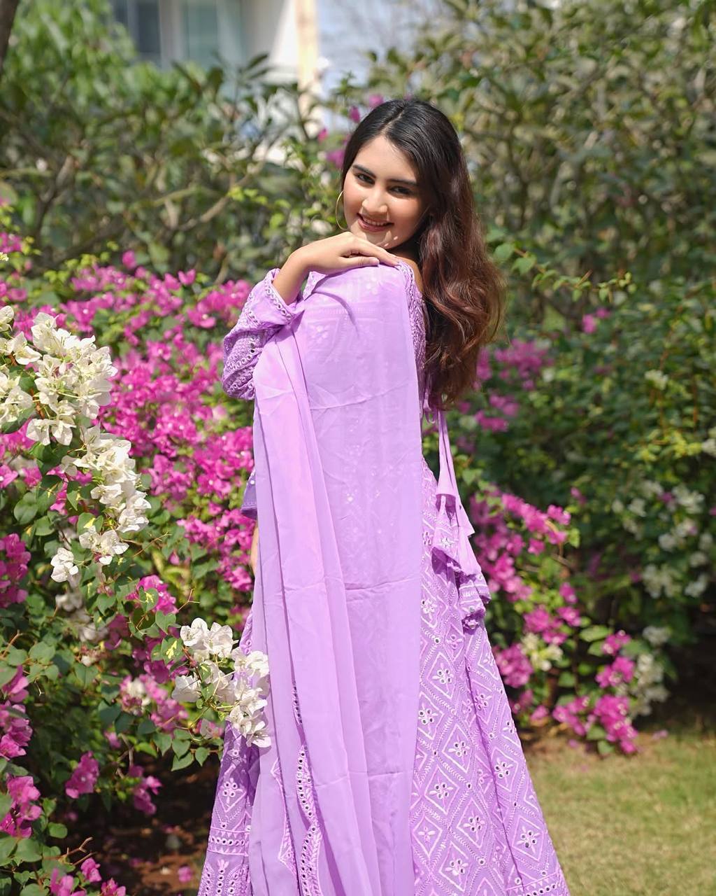 Wedding Wear Lavender Color Faux Blooming With Sequins And Thread Embroidered Work Anarkali Gown