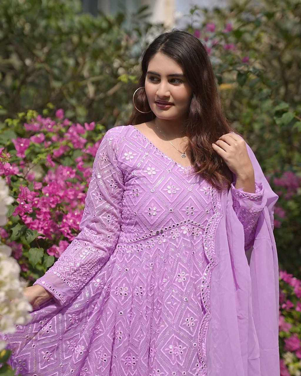 Wedding Wear Lavender Color Faux Blooming With Sequins And Thread Embroidered Work Anarkali Gown