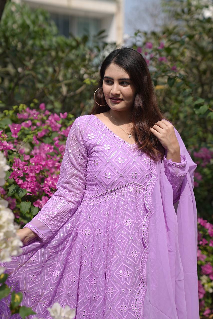 Wedding Wear Lavender Color Faux Blooming With Sequins And Thread Embroidered Work Anarkali Gown