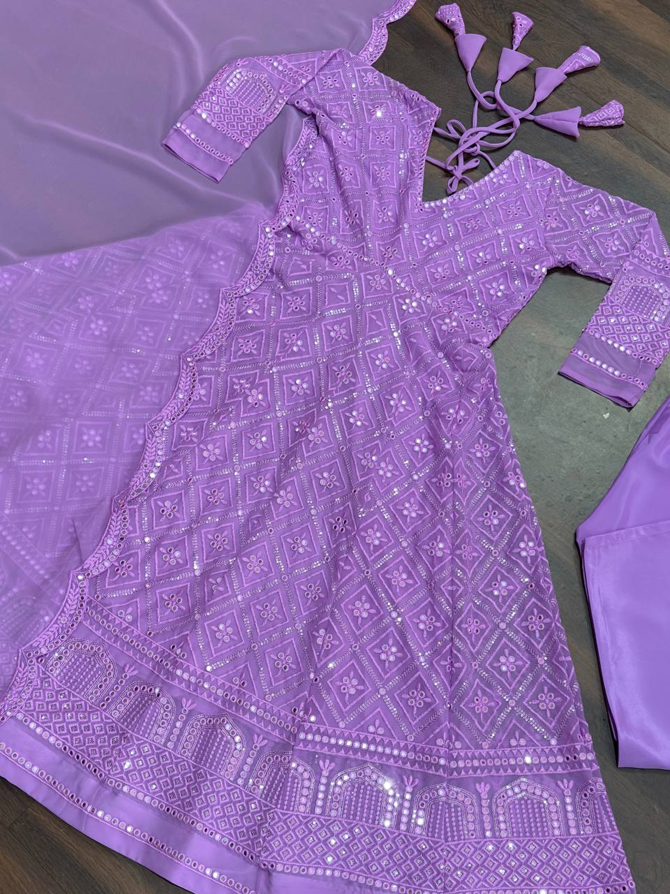 Wedding Wear Lavender Color Faux Blooming With Sequins And Thread Embroidered Work Anarkali Gown