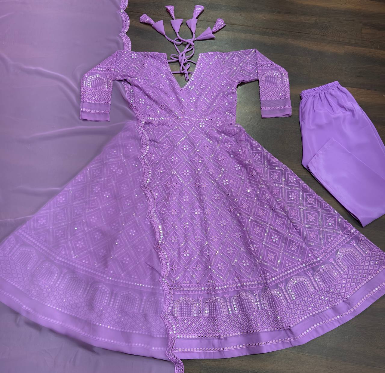 Wedding Wear Lavender Color Faux Blooming With Sequins And Thread Embroidered Work Anarkali Gown