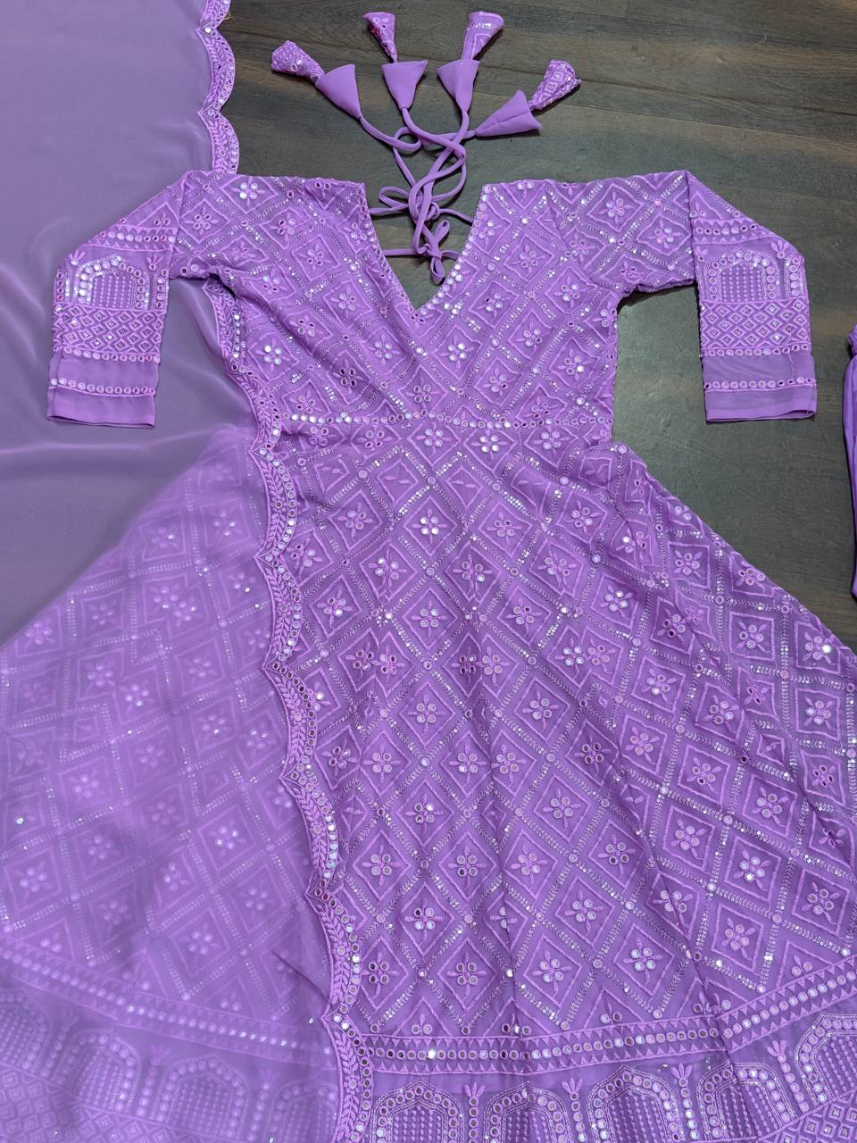 Wedding Wear Lavender Color Faux Blooming With Sequins And Thread Embroidered Work Anarkali Gown