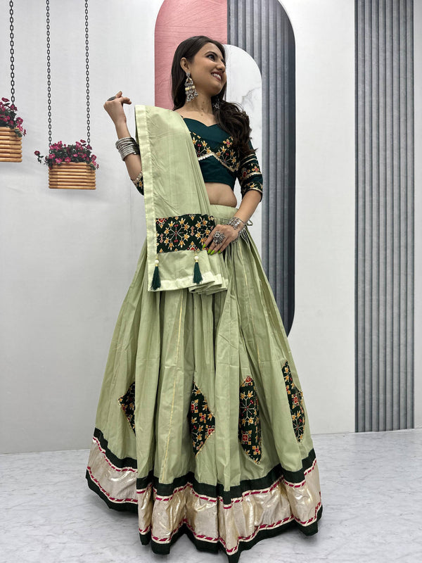 Navratri Special Wear Pista Color Pure Cotton Lehenga Choli