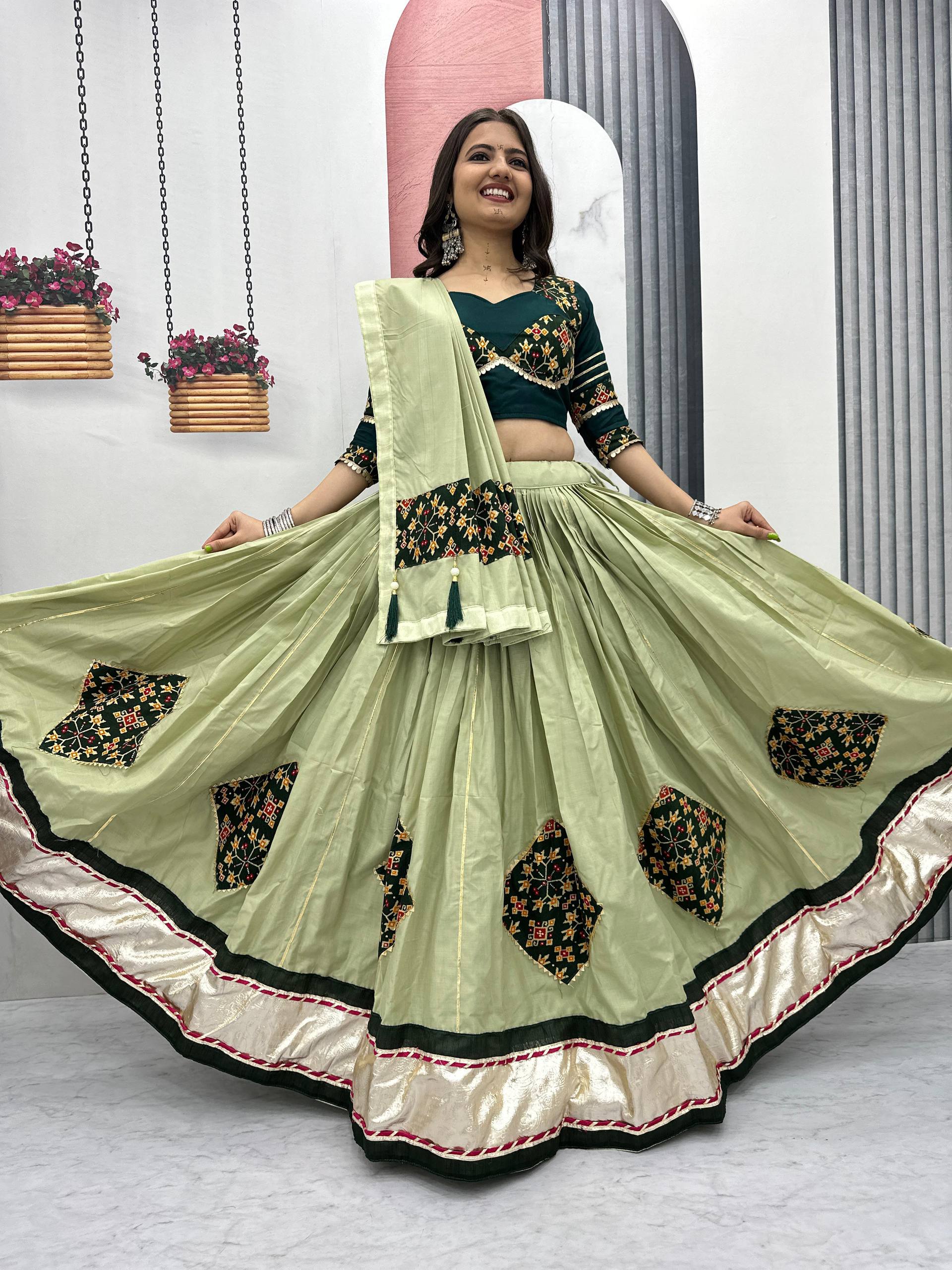 Navratri Special Wear Pista Color Pure Cotton Lehenga Choli