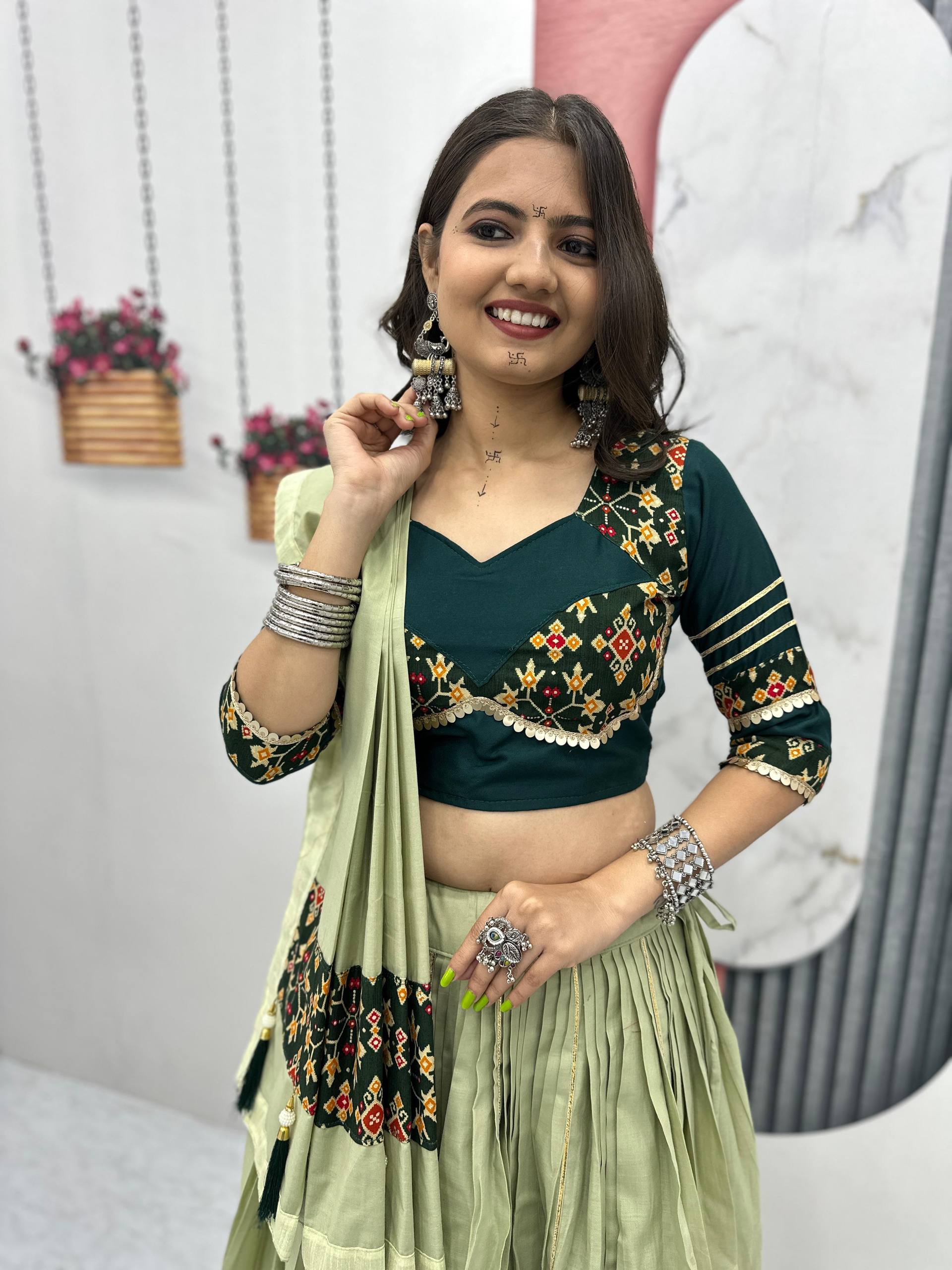Navratri Special Wear Pista Color Pure Cotton Lehenga Choli