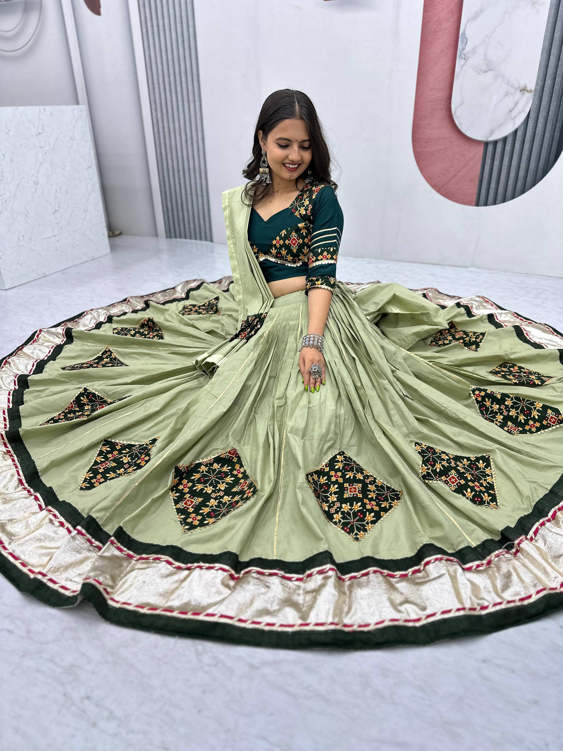 Navratri Special Wear Pista Color Pure Cotton Lehenga Choli