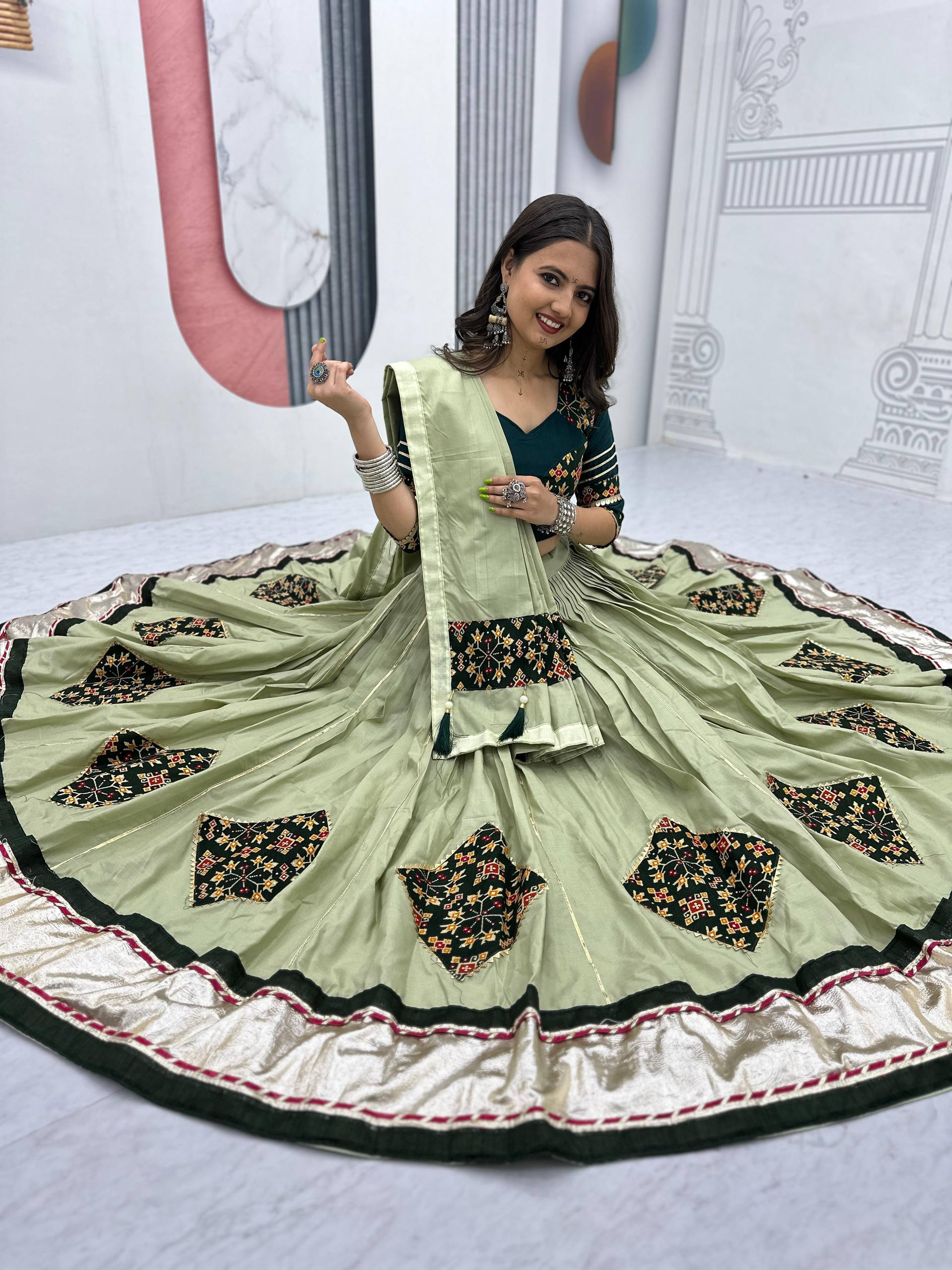 Navratri Special Wear Pista Color Pure Cotton Lehenga Choli