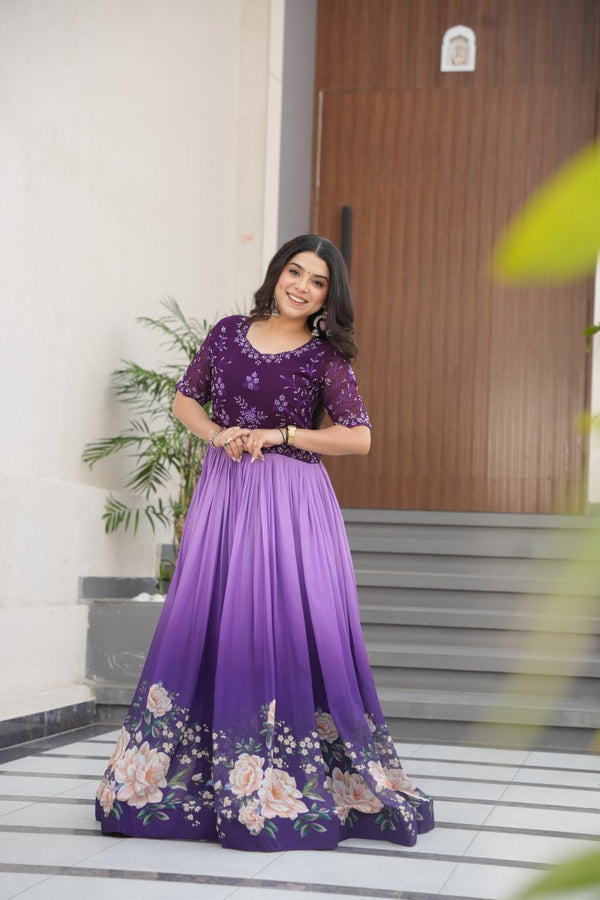 Function Wear Purple Color Faux Blooming With Embroidered Work And Rich Floral Padding Digital Printed Gown