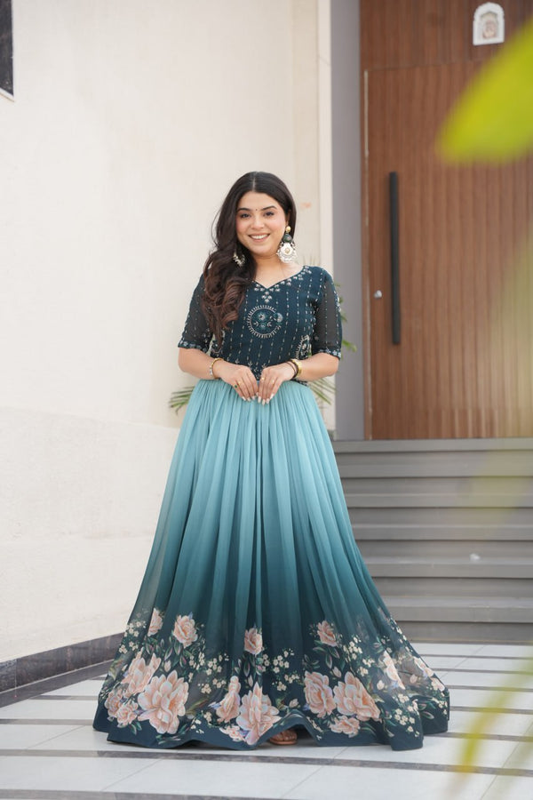 Function Wear Sky Color Faux Blooming With Embroidered Work And Rich Floral Padding Digital Printed Gown