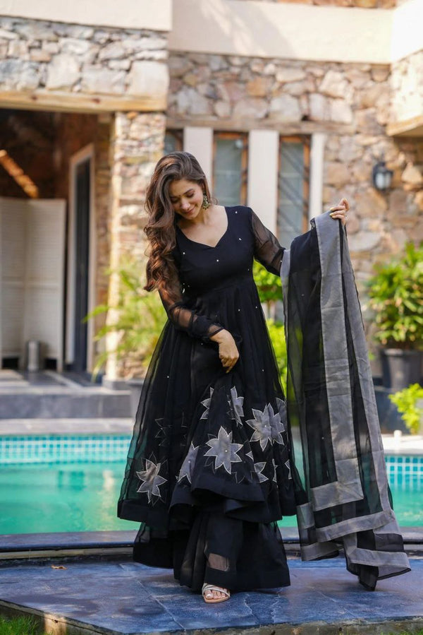 Wedding Wear Black Color Hand-Painted Anarkali Palazzo Suit