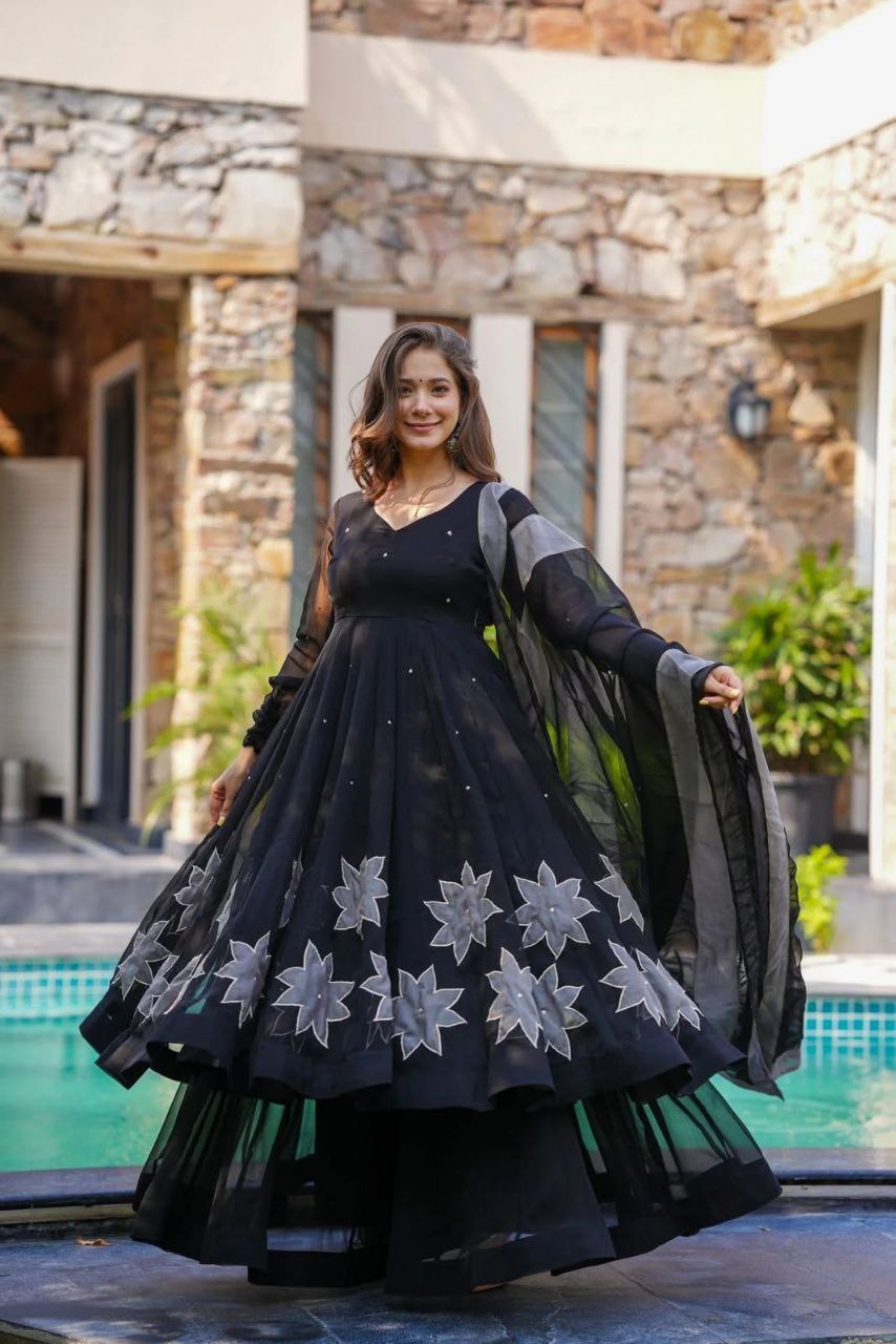 Wedding Wear Black Color Hand-Painted Anarkali Palazzo Suit