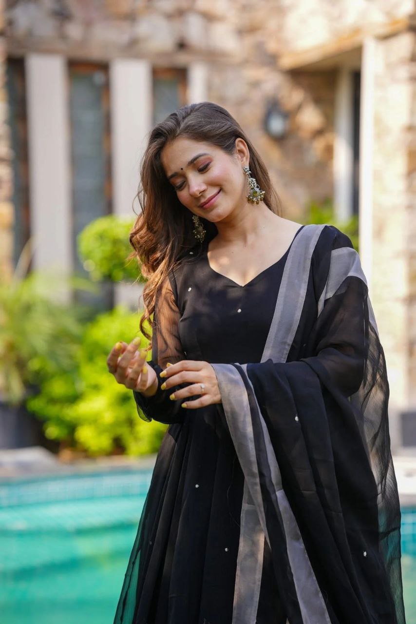 Wedding Wear Black Color Hand-Painted Anarkali Palazzo Suit