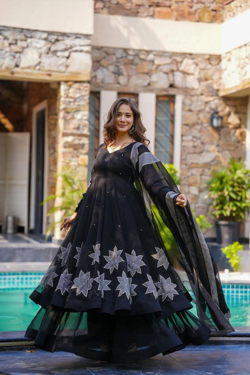 Wedding Wear Black Color Hand-Painted Anarkali Palazzo Suit