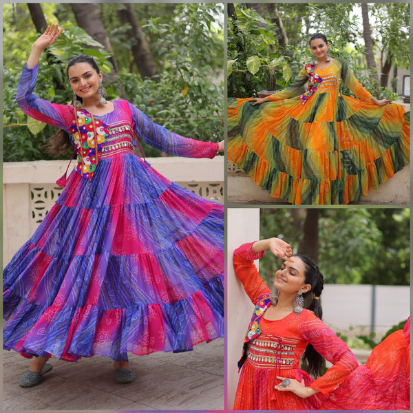 Navratri Special Laheriya And Bandhej Printed Georgette Garba Wear Gown