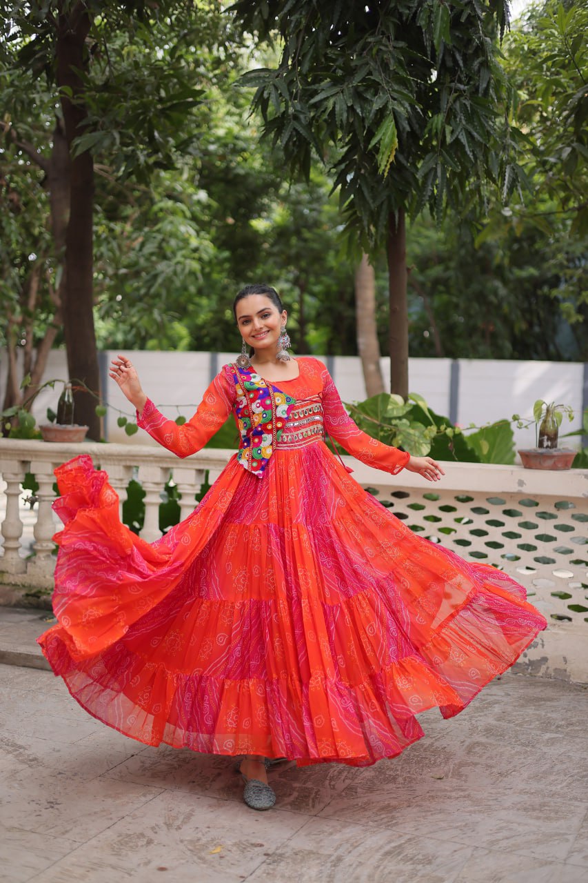 Navratri Special Laheriya And Bandhej Printed Georgette Garba Wear Gown