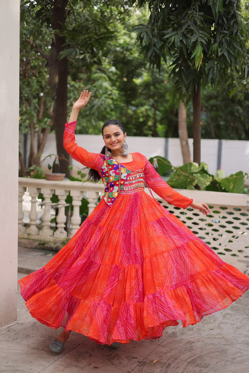 Navratri Special Laheriya And Bandhej Printed Georgette Garba Wear Gown